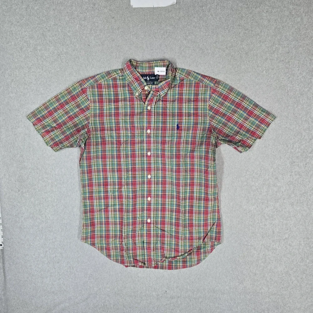 Ralph Lauren Men Button Up Shirt M Red Embroidered Plaid Madras Short Sleeve